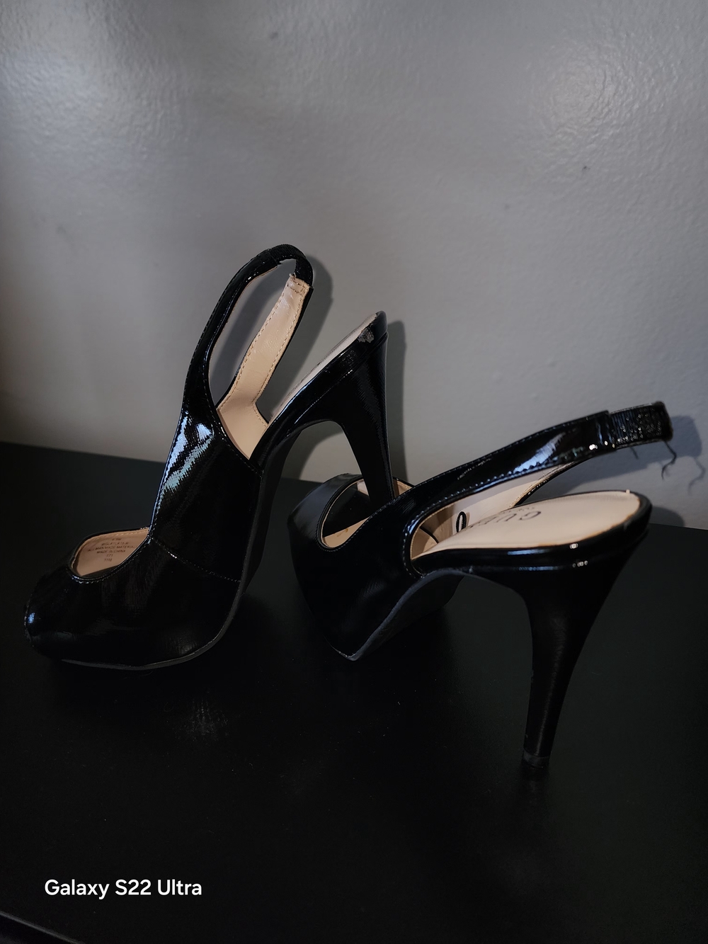GUESS Black Patent Leather Peep-Toe Slingback Stilettos - Picture 2 of 6